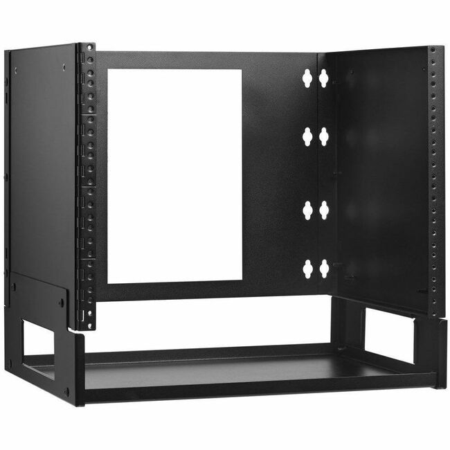 Eaton Tripp Lite 8U wall-mount bracket with hinged shelf for small switches and patch panels, shown with mounted equipment.