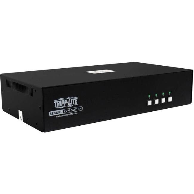 Eaton B002-DV2AC4-N4 Tripp Lite 4-port secure KVM switch with dual DVI, audio, CAC, TAA compliance, and NIAP PP4.0 certification.