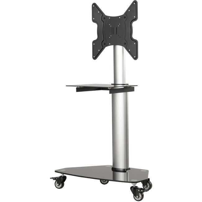 Eaton Tripp Lite rolling TV cart with black glass base, adjustable shelf, locking casters, designed for 32 to 55-inch displays.
