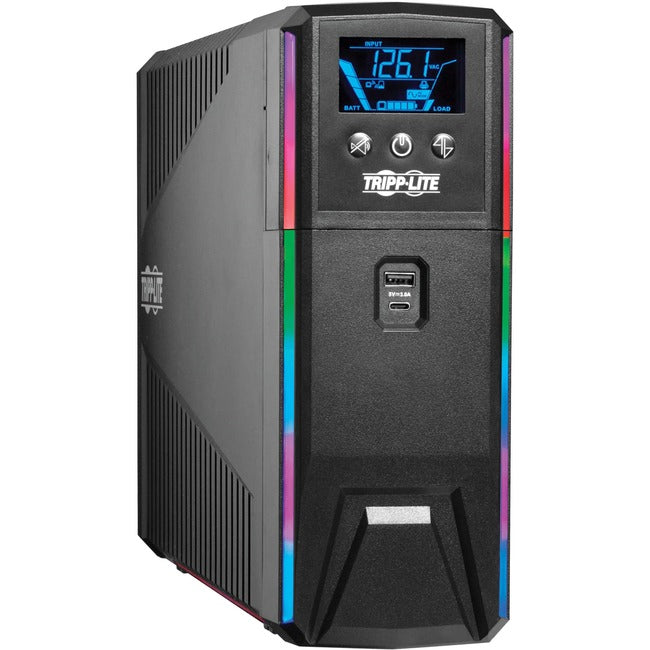 Eaton SMART1200PSGLCD Tripp Lite 1200VA UPS with LCD display, RGB LEDs, USB charging, AVR, and power-saving features.