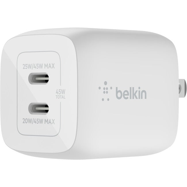 Belkin International INC WCH011DQWH Belkin BoostCharge Pro Dual USB-C GaN Wall Charger with PPS 45W Laptop Chromebook Charging - Power Adapter