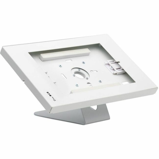 Eaton Tripp Lite white mounting kit for securing 9.7 to 11-inch tablets on desks or walls, shown installed on a surface.