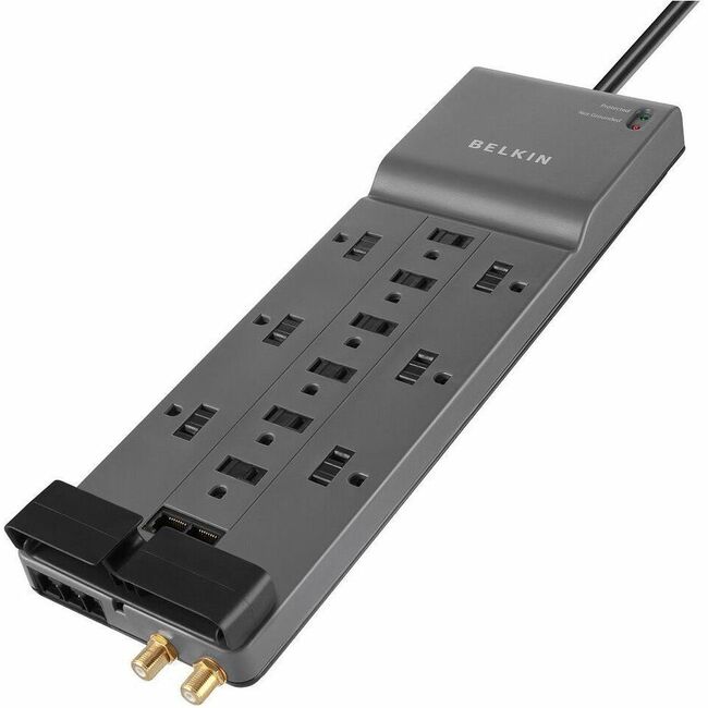 Belkin International INC BE112234-103PK Belkin 12-Outlet Surge Protector - 8ft Cord - Right Angle Plug - 4120J - Telephone, Coaxial Protection - Grey (3-pack)