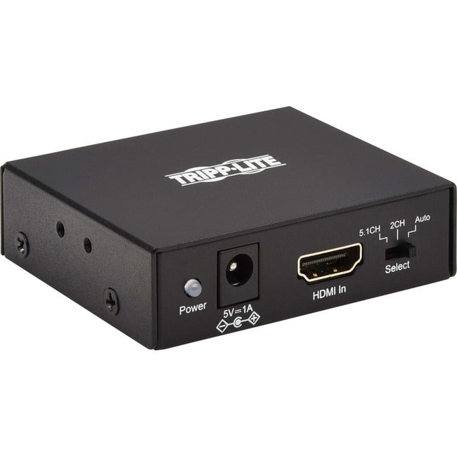 Eaton P130-000-AUDIO2 4K HDMI audio de-embedder with TOSLINK, RCA, and 3.5mm stereo output, supporting 5.1 channels and HDCP 2.2