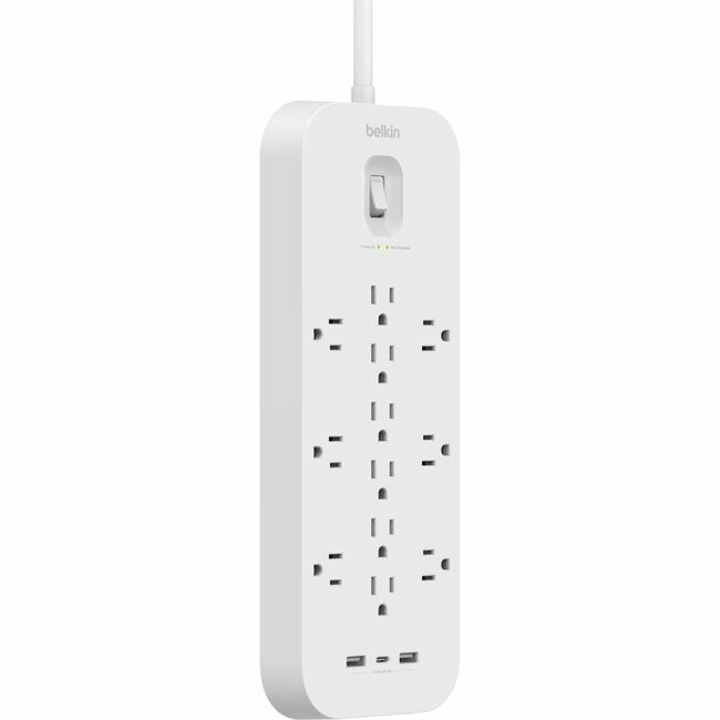 Belkin International INC SRA007P12TT6 Belkin 12-Outlet Surge Protector Power Strip w/ 12 AC Outlets, 1 USB-C Port, & 2 USB-A Ports, 6ft Cable, Overload and Overvoltage Protection, and On/Off Power Switch - 4,000 Joules of Protection