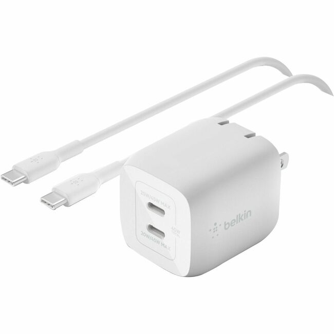 Belkin International INC WCH011DQ2MWH-B6 Belkin 45W Portable Dual Port GaN Wall Charger - 2xUSB-C (45W Total) - w/ USB-C to USB-C Cable - Fast Charging - Power Adapter - White