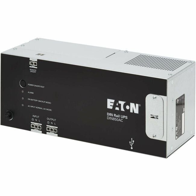 Eaton DIN850AC 850VA DIN rail UPS mounted on a rack, showing its compact design and power connection ports for general purpose use.