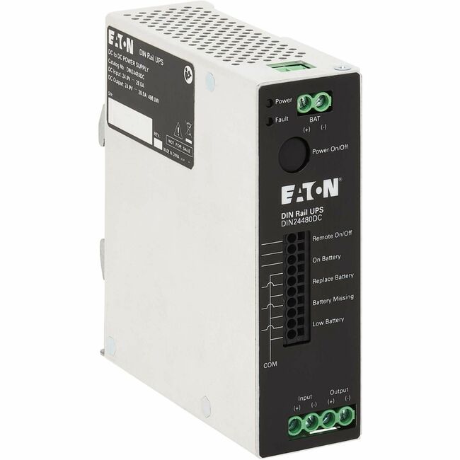 Eaton DIN24480DC 480VA DIN rail UPS for general purpose power backup, shown mounted on a DIN rail.