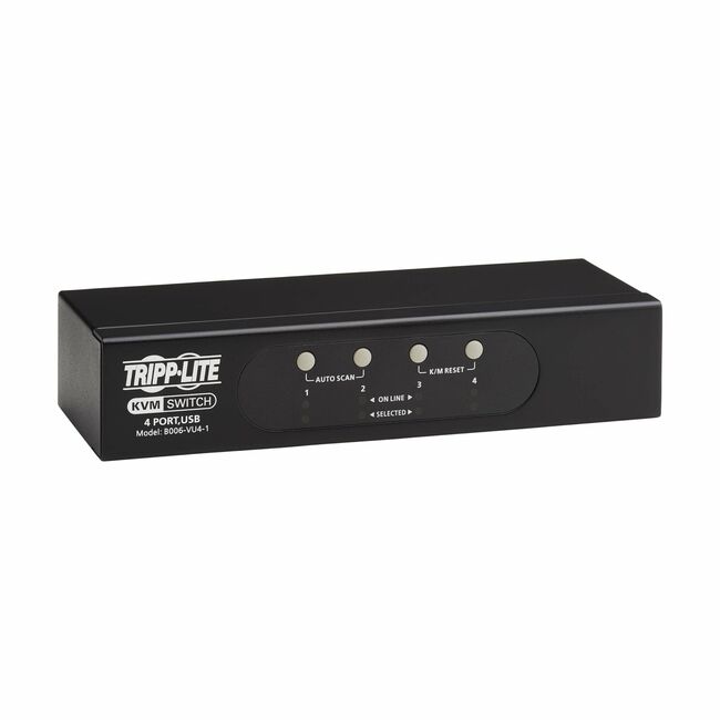 Eaton B006-VU4-1 Tripp Lite 4-Port VGA KVM switch box showing ports and cables for USB and PS/2 keyboard and mouse connections.