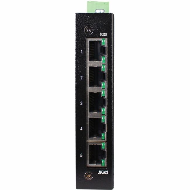 Eaton NGI-U05E industrial Gigabit Ethernet switch with 5 ports, rugged design, DIN wall mount, suitable for harsh environments.