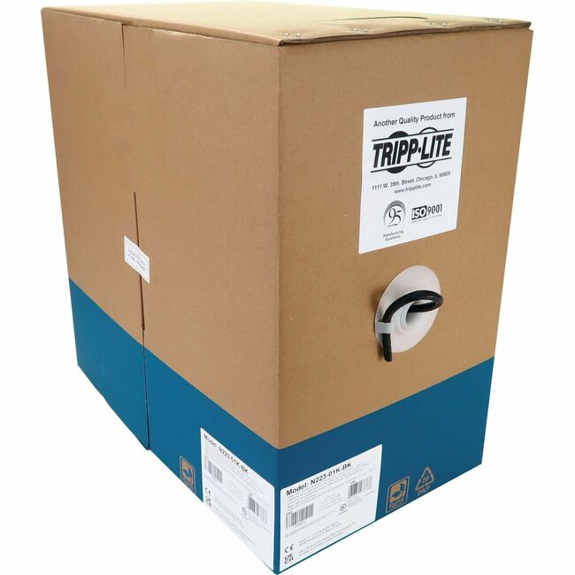 Eaton Tripp Lite Cat6a 10G Ethernet bulk cable in black, 1000 ft, solid core UTP cable for high-speed network connections.