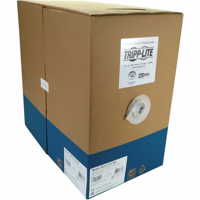 Eaton Tripp Lite Cat6a 10G Ethernet bulk cable with white solid core UTP, 1000 ft length, CMR rated for networking.