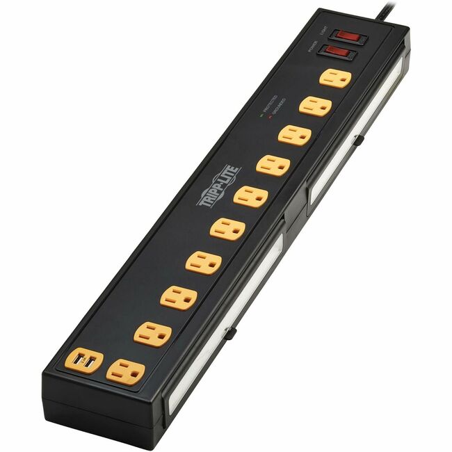 Eaton Tripp Lite Protect It! surge protector with 10 outlets, 2 USB ports, swivel light bars, black finish, 6 ft cord, 1350 Joules