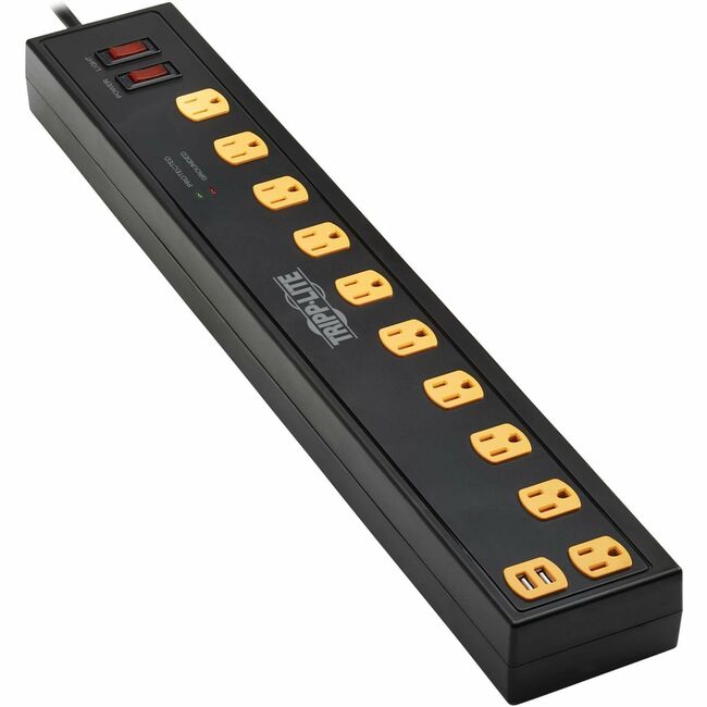 Eaton TLP1010USB surge protector with 10 outlets, 2 USB ports, black finish, 10 ft cord, and swivel light bars for electrical protection.