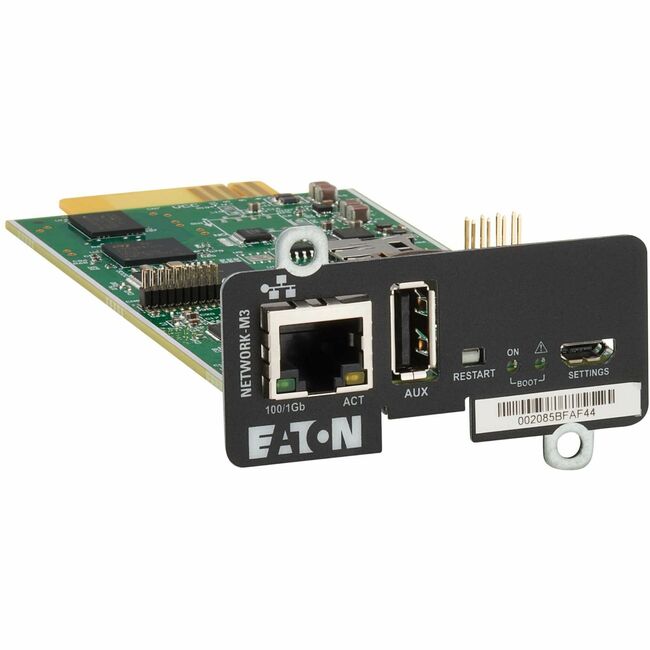 Eaton NETWORK-M3 Gigabit Ethernet Network Interface Card with multiple ports and a black circuit board for high-speed data transfer.