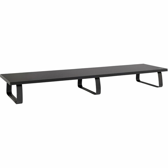 Eaton MR4010 black wood dual-monitor riser on a desk, supporting two monitors with extra-wide design, 39 x 10 inches.