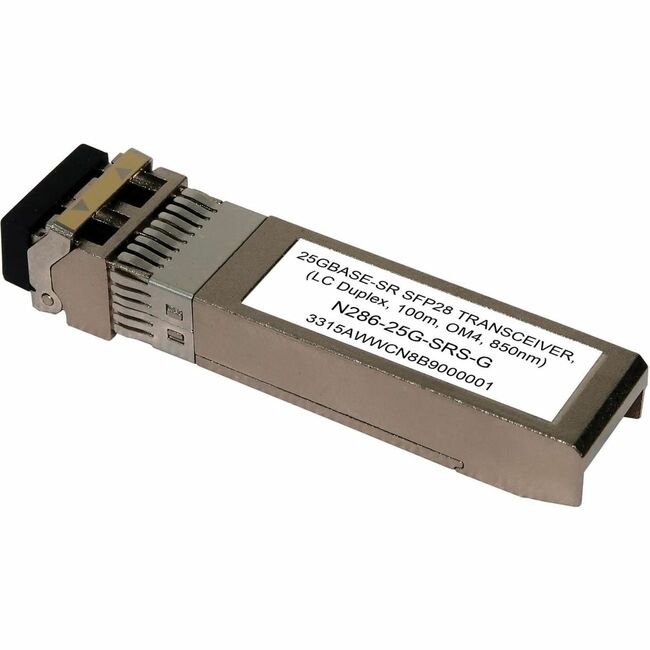 Eaton N286-25G-SRS-G Tripp Lite SFP28 transceiver module with LC duplex connector, 25 Gbps, 850 nm, 100m fiber optic.