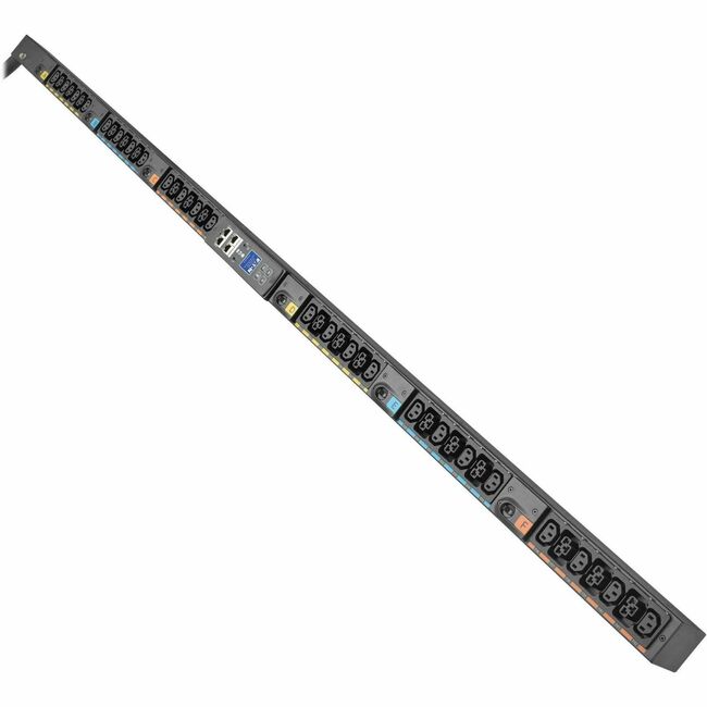 Eaton EVMA4609X-06 G4 42-outlets PDU with multiple power sockets and cable connections, mounted in a data center environment.