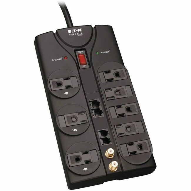 Eaton TLP810NET surge protector with 8 outlets, 10 ft. cord, RJ45 Ethernet, coax, and modem protection, 3240 Joules energy absorption