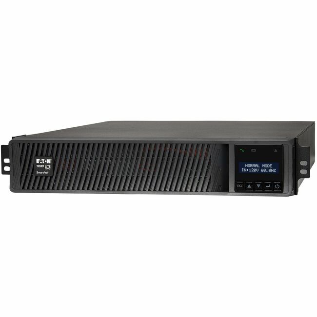 Eaton SMART3000RXLTAA Tripp Lite SmartPro 3000VA line-interactive UPS with LCD, 7 outlets, rack/tower setup, network card option.