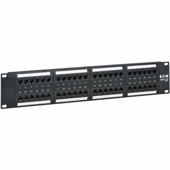 Eaton N252-P48 Tripp Lite 48-Port Cat6 Patch Panel in black with RJ45 ports, 2U rack-mount, TAA compliant, 110/Krone compatible