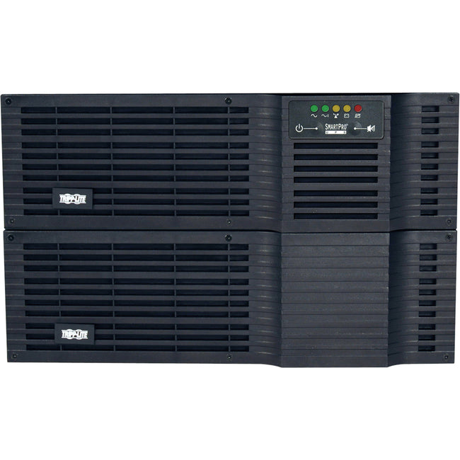 Eaton SMART5000RT3U UPS rackmount with 5kVA capacity, LCD display, USB and DB9 ports, 208V/120V pure sine wave output.