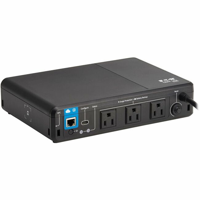 Eaton BC350RNC Tripp Lite 350VA standby UPS with 3 NEMA outlets, remote monitoring, and 120V plug on a desktop.