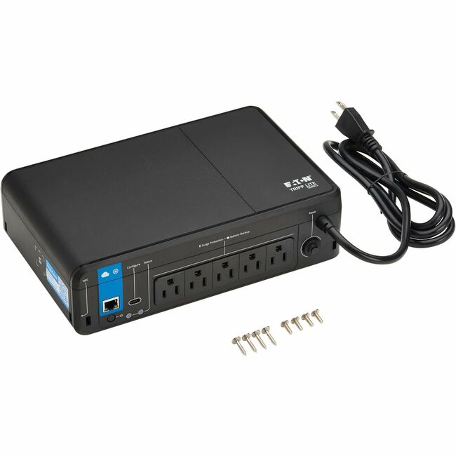 Eaton BC850RNC Tripp Lite Series 850VA standby UPS with 5 surge-protected outlets, remote monitoring, and NEMA 5-15R outlets.
