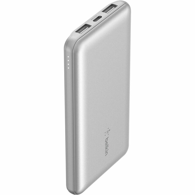 Belkin International INC BPB011BTSL Belkin 15W 3-port USB Power Bank - 10K mAh - 2xUSB-A (12W), 1xUSB-C (15W) - Portable Charger - w/ USB-A to USB-C Cable - Silver
