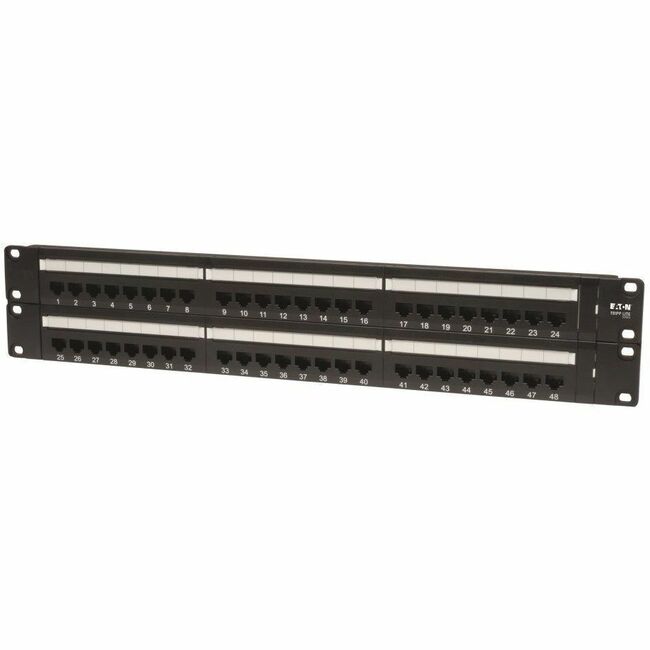 Eaton Tripp Lite 48-port 2U rack-mount Cat5e Ethernet patch panel with RJ45 connectors and TAA compliance.