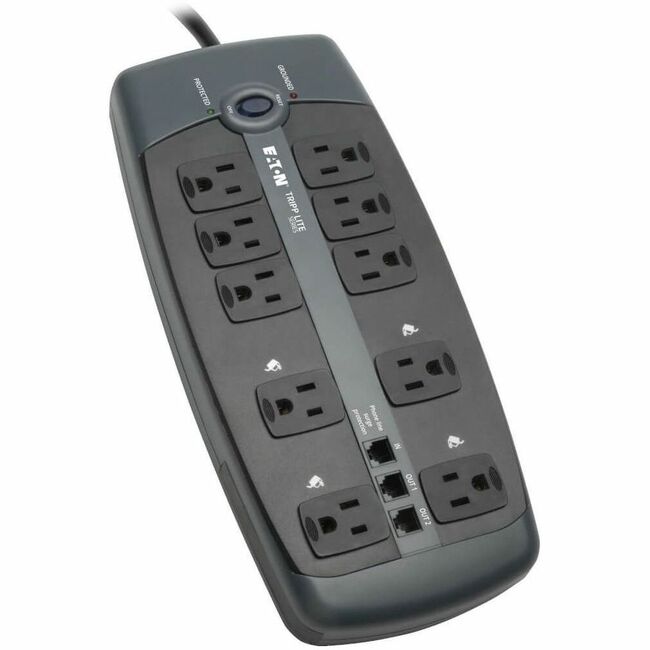 Eaton TLP1008TEL Tripp Lite by Eaton Protect It! 10-Outlet Surge Protector 8 ft. (2.43 m) Cord with Right-Angle Plug 2395 Joules Tel/DSL Protection Black Housing
