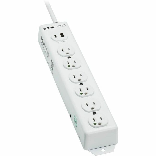 Eaton Tripp Lite Safe-IT medical-grade power strip with 6 outlets, USB ports, safety covers, antimicrobial finish, 15 ft cord