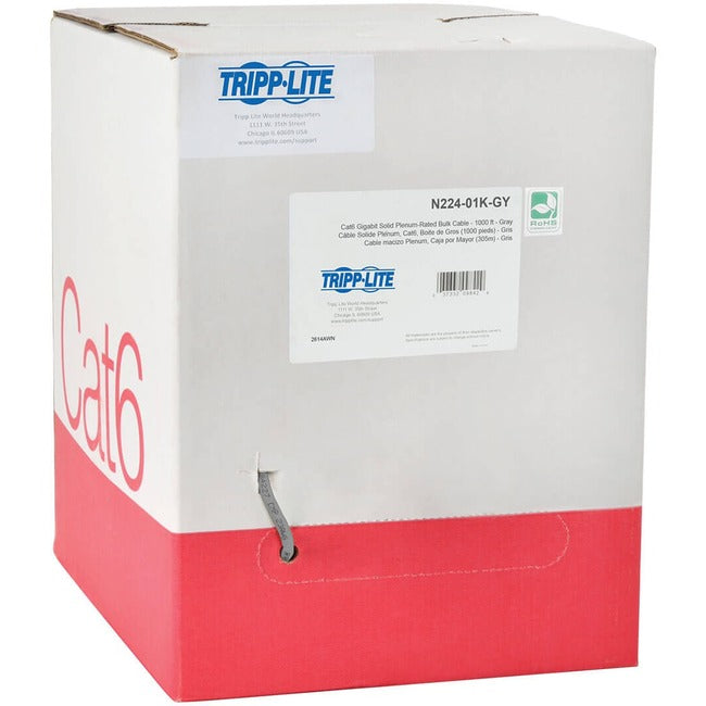Eaton Tripp Lite Cat6 Gigabit Ethernet cable in gray, 1000 ft., solid core, plenum-rated UTP CMP PVC connector cable.