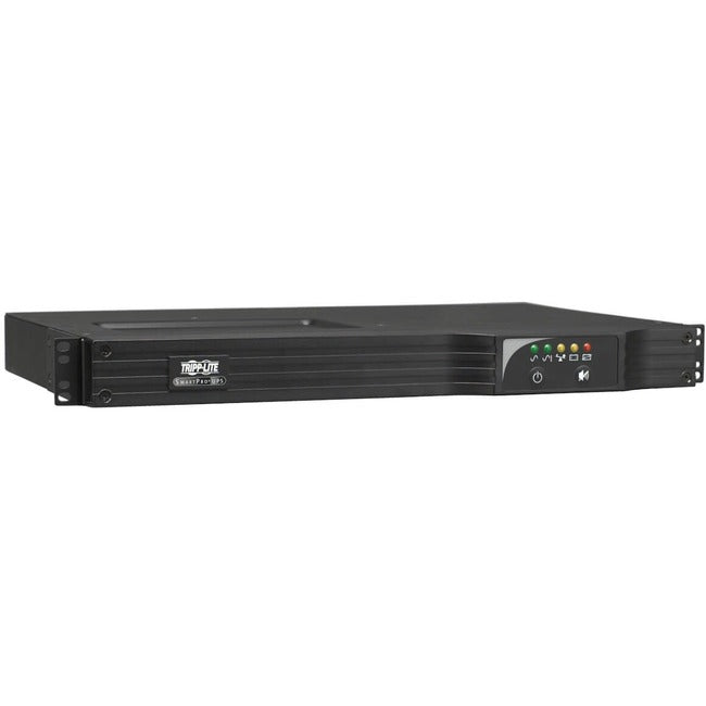 Eaton SMART750RM1U Tripp Lite UPS with 750VA capacity, line-interactive sine wave, 1U rack mount, network management ports.