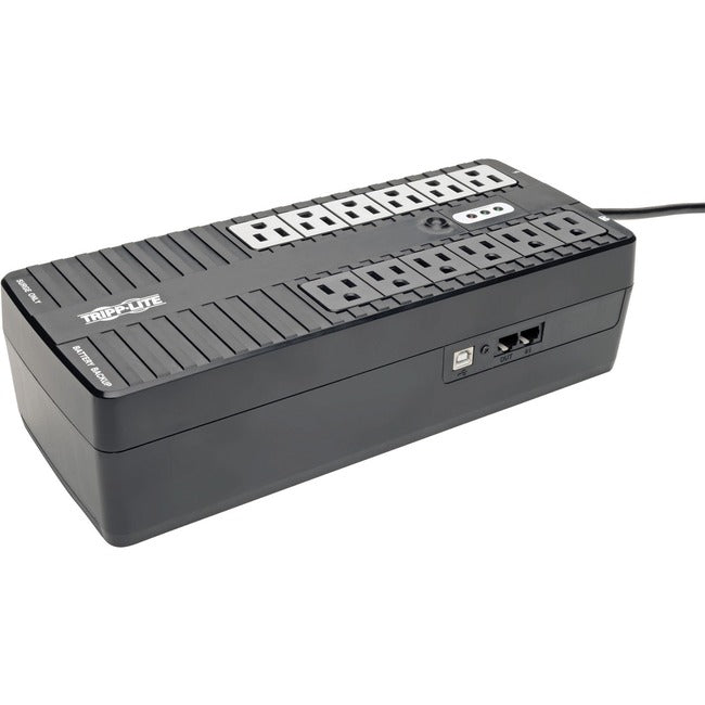 Eaton INTERNET750U Tripp Lite UPS 750VA standby power supply with 12 NEMA outlets, USB port, 120V, desktop or wall mount setup.
